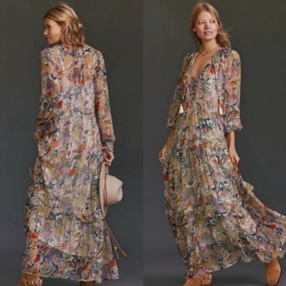 Anthropologie Marais Tiered Floral Chiffon in Owl Print size Small - Picture 7 of 16